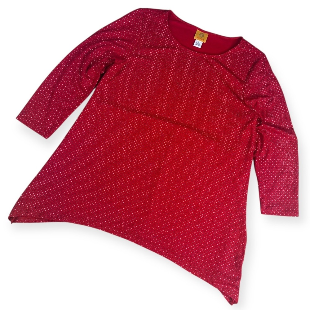 Ruby Rd Red Sparkle 3/4 Sleeve Tunic Top Womens Medium Polyester Metallic Blend